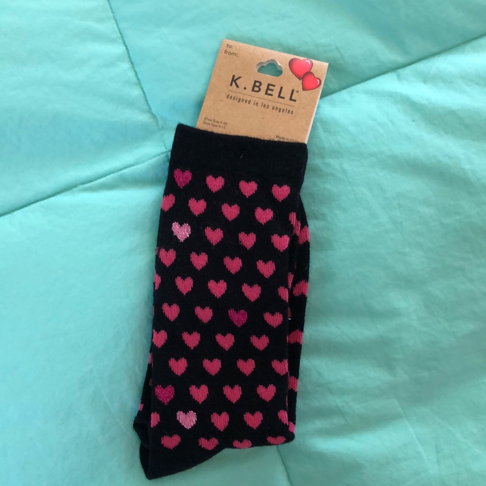 Brand new long black socks with pink hearts